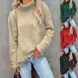 Toloer And Winter New Striped High Leader Mouth Button Sweater Solid Color Casual Loose Plus Size Sweater Woman-Outfit