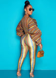 Colorful Striped Puff Sleeve Crop Top and Pants 2pc
