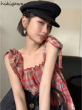 Blouse Women Summer Fashion Shirts 2023 Blusas Mujer De Moda Loose Backless Ruffles Blouses Korean Plaid Cute Tops