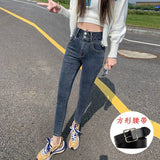 Toloer Female Autumn 2024 New Korean Version Slim Show Thin High Waist Two Buckle Elastic Small Feet Pencil Pants Tide-Outfit
