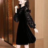 Velvet Dress Woman 2025 New Spring And Autumn Long Sleeves Chopped Flowers Retro Age-Old Light Style Chic