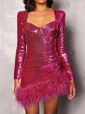 Fashion Glide Feathered Long-Sleeved Ostrich Hair Dress Dress Dress