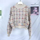 2021 Autumn Winter New Plaid Sweater Women Korean Lazy Wind Short Loose Casual Checkered Sweater Lantern Sleeve Pullovers
