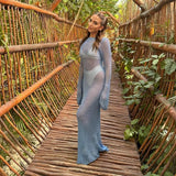 Women's Summer Long Knit See-through Beachwear Solid Color Flare Long Sleeve O Neck Hollow Backless Cover Up Dress-Outfit