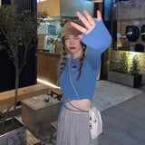 Toloer Tie Long Sleeve T-Shirt Female Spring Fall 2024 New Design Sense Short Top Ins Tide Crop Bottom Shirt-Outfit