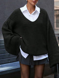 And Winter Loose Street Open Fork V-Neck Sweater Women's Horn Sleeve Coarse Knitted Languid Retro Tide