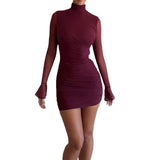 Autumn New Fashion Half-High Collar Design Mesh Splicing Sleeve Slimming Bag Hip