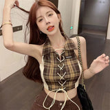Plaid Camis Women Summer Sexy Slim Irregular Casual Halter Neck Tops Fashion Female Korean Chic Lace Up Lapel Crop Tank-Outfit