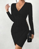 Autumn And Winter New Solid Color V Collar Tight Package Hip Slim Sexy Long-Sleeved Dress Woman-Outfit