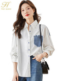 Han Queen New Denim Patchwork White Shirt Women Blouse Vintage Work Casual Tops Spring Autumn Elegant Loose Shirts And Blouses-Outfit