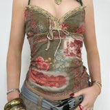 Girls Retro Plant Printing Ribbon Strap Bow Tie Lace Splice Belt V-Collar Jacket Small Vest-Outfit
