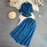 Luxury Retro Temperament Female Short-Sleeved Single Buckle Shirt High-Rise Half-Dress Two Sets Of Lace Fashion