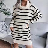 Autumn Knitted Striped Turtleneck Women Sweater Dress Black Long Sleeve Basic Dress Women Winter Fashion Casual