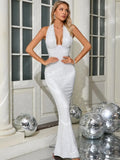 Halter Deep V Neck Sequin Maxi Dress-Outfit
