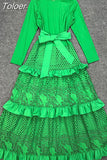 Lace Solid Dresses Female Round Neck Long Sleeve Patchwork Bowknot High Waist Ruffles Dress For Women Summer Fashion