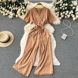 V Neck Jumpsuits Summer Female Irregular Casual Rompers Women Wide leg Summer Overalls
