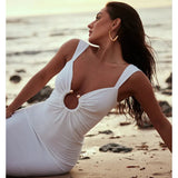 Toloer Women's Wear Fall 2024 New V Neck Open Back Irregular Dress Women's Dress Slit Dress-Outfit
