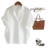 Hong Kong-Style Short-Sleeved Shirt Women's Summer New Ocean With White Shirt Loose Bat Sleeve Collar