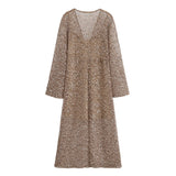 Wind Spring City Casual Loose-Fitting Sleet Shirt Dress V Collar Long Beads Of The Flute Dress