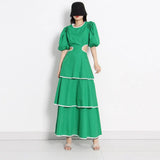 Cut Out Dress For Women Round Neck Puff Sleeve High Waist Solid Midi Dresses Female Summer Clothing Style New