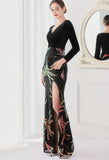 Winter Elegant Velvet With Sequins Deep V Neck Long Sleeve Slit Cocktail Eevening