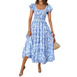 Summer Women's Casual Square Collar Print Folded Lotus Leaf Sleeve Dress Flowing