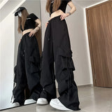 Toloer Speed Dry Cargo Pants Female Stereo Pocket High Waist Straight Tube Wide Leg Ribbon Loose Casual Floor