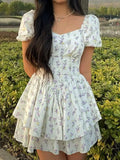 Floral Print Corset Slim Mini Dress with Puff