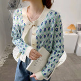 2022 Korean Style Loose Soft Autumn Winter Knitted Cardigan Long Sleeve Round Neck Flower Sweater Fashion Short Women's