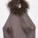 Homemade New Women's Clothing Fashion Feather Hanging Neck Dress