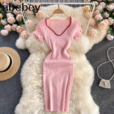 Women Slim Knitted Dress V Neck Short Sleeve Elastic Sheath Dresses 2022 Summer Sexy Bodycon Streetwear Short