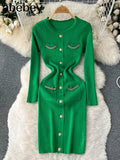 Fashion Women Sweater Dress V Neck Chain Long Sleeve Bodycon Dress Female Elastic Waist Solid Warm Knitted