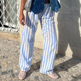 Womens Casual Cleanfit Striped Pants Elastic Low Waist Striped/Plaid Loose Aesthetic Trousers Streetwear with Pockets-Outfit