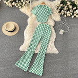 Summer Women Fashion Retro Plaid Set Short Sleeve Slim Short Tops+High Waist Long Flared Pants Two Piece