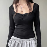 Solid Color Square Neck Lace Trim Bow Tee-Outfit