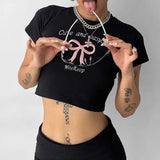 Girl Hit The Color Bow Embroidered Slim Short-Sleeved Blouse Ultra-Short Sweet Navel Sexy T-Shirt Girl-Outfit