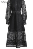 Embroidery Dresses For Women Round Neck Lantern Sleeve High Waist Folds Vinage A Line Dress Female Autumn Fashion