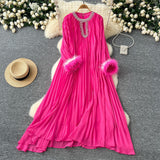 2025 New Elegant Solid Dress Round Collared Loose Hair Splicing 100 Folding Long