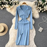 Sexy Split Knitted Dress Lapel V Neck Long Sleeve Button Bodycon Sweater Dress Women Streetwear Midi Long