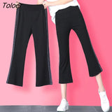 Pants Women Calf-length Flare Side-stripe Thin Summer Slim Ice-silk Womens Trousers Fashion Vintage Simple Leisure