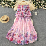 Spring Holiday Style Dress Woman 2025 New Shoulder Strapped Belt Waist Lantern Sleeve Print Chiffon Long