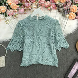 New Summer Temperament All-match stand collar flared sleeve Shirt hollow out Lace Waist slim short Shirt
