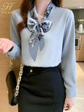 Han Queen Elegant Autumn Bow Chiffon Simple Office Lady Blouse Female Shirt Loose Tops Long Sleeve Casual OL Blouses Women-Outfit