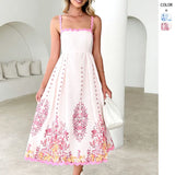 Women's Summer Fashion Printed Wave Dress With Sleeveless Backlace Sling Dress