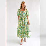 Women's Hot Dress 2026 Summer Temperament Square Collar Print Bubble Sleeve Long Dress