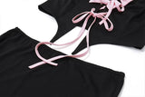 Black Halter Bow Tie Up Top And Mini Skirt Set-Outfit