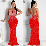 Fashion Women's Diamond Nightclub Sexy Sling Sleeveless Long Skirt Dress-Outfit