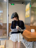 Lace Striped Bow Long Sleeved Top-Outfit