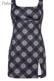 Preppy Y2K Sleeveless Tank Dress Plaid Print Slit Vintage Straight Mini Dresses Korean Casual Elegant Outfit Cute