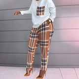 Women's Clothing Spring New Fashion Printing Lattice Long Sleeve Large-Size Loose Women's Casual